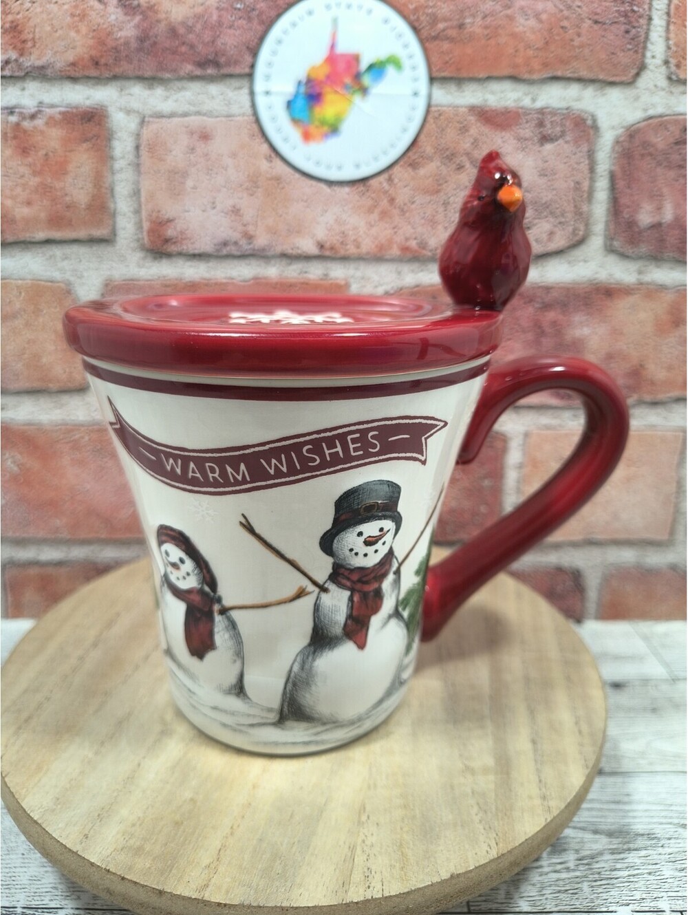 St Nicholas Square Yuletide Mug with Cardinal Lid “Warm Wishes” Snowmen